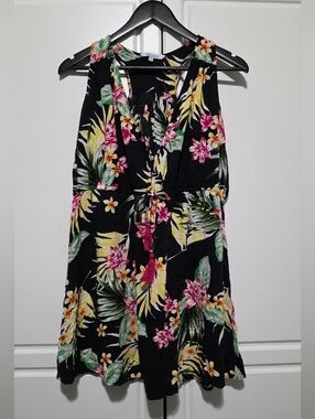 Blue Island Floral Beach Dress Cover V-Neck Racerback Flowy Tropical Sz Small